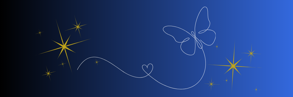 A dark blue background that fades into a brighter blue. A light blue, against the background there's a line drawing of a butterfly. Small golden stars are scattered around the scene.
